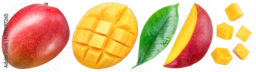 Photos Set of mango fruits and mango slices