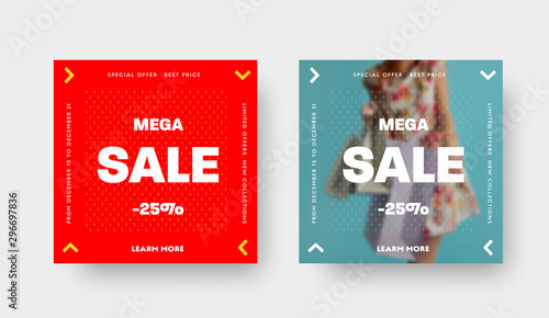 Set of square vector web banners for mega big sale with white arrow patterns and place for photo.