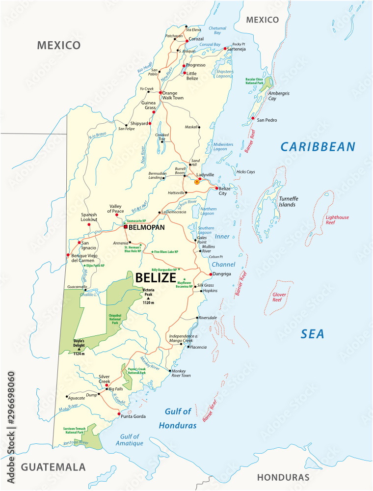 Road and national park map of the central african state belize
