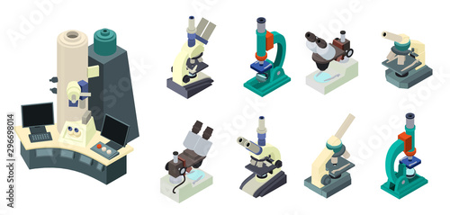 Microscope icons set. Isometric set of microscope vector icons for web design isolated on white background