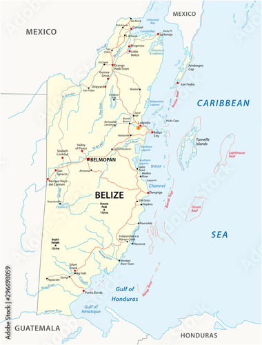 Road map of the Central American state Belize