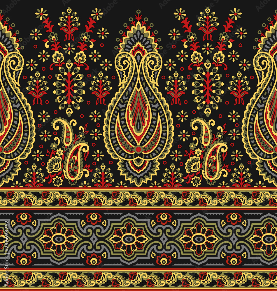 Seamless Asian textile floral border on black background