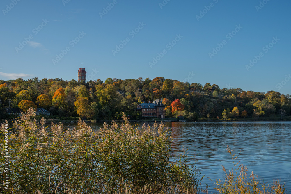 Fototapeta premium Misty autumn morning water view in Stockholm