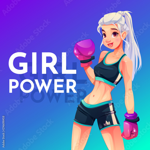 Woman in boxing gloves posing in sportswear with crown print on shorts. Girl power concept, sportswoman with athletics muscular body and long blonde hair fitness trainer. Cartoon vector illustration