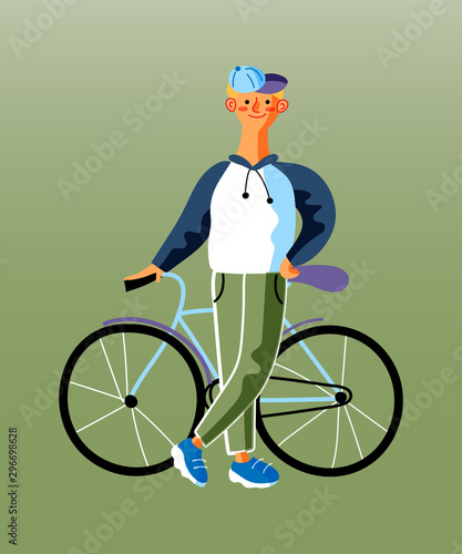Boy standing near bicycle flat vector illustration