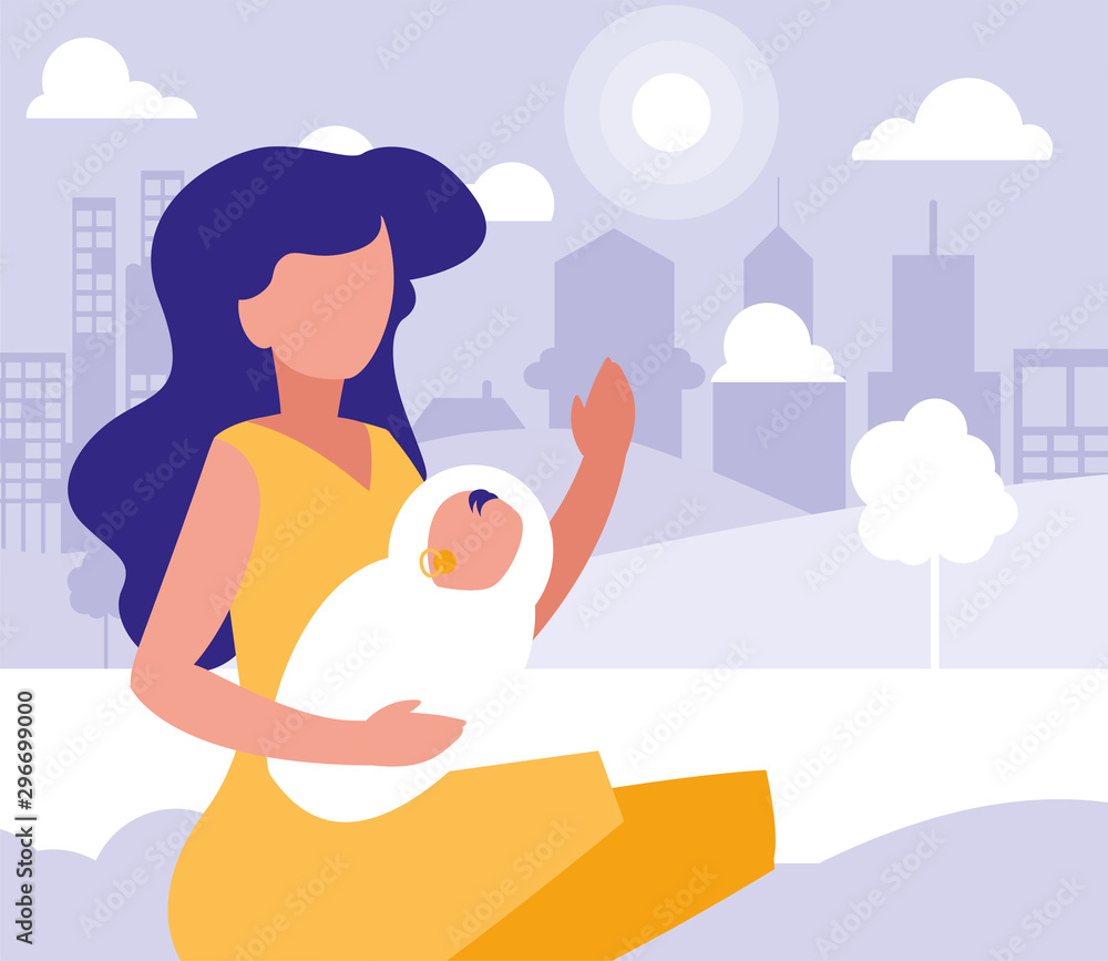 woman with son in park in the city, scene of people outdoor woman with son in park in the city, scene of people outdoor