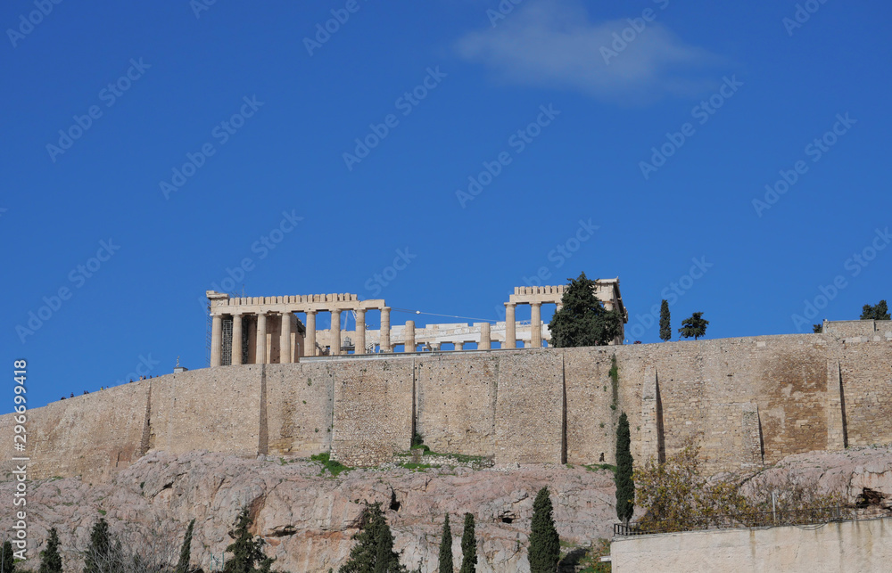 Parthenon ancient greek temple on acropolis of Athens under vibrant blue sky