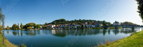 view of Adour river and Peyrehorade city, France