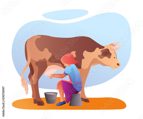 Farmer milking cow flat vector illustration
