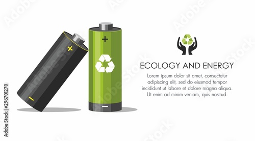 Battery with recycle symbol - renewable energy concept on white.  Battery recycling concept.  