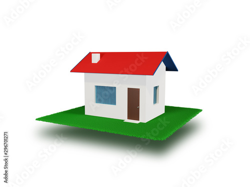 House Model with Chimney, Green Lawn over White Background. 3D render