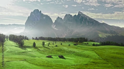 Stunning Alpe di Siusi at sunrise in summer, aerial view photo