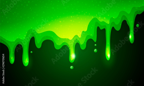 Vector illustration of dribble slime. Flowing green sticky liquid on dark background.