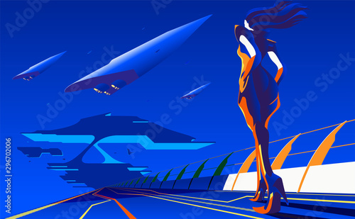 An imagery illustration of a woman walking to the station or base for interstellar transportation in vector art.