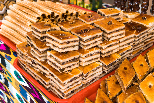 Baklava. Traditional Turkish sweets. market with Oriental sweets. Food on the counter. Oriental flavors. photo