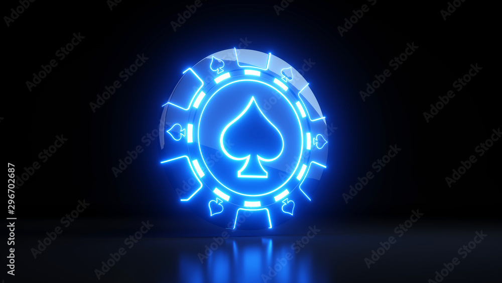 Chips in Spades Symbol Concept With Neon Lights Isolated On the Black Background - 3D Illustration - obrazy, fototapety, plakaty 