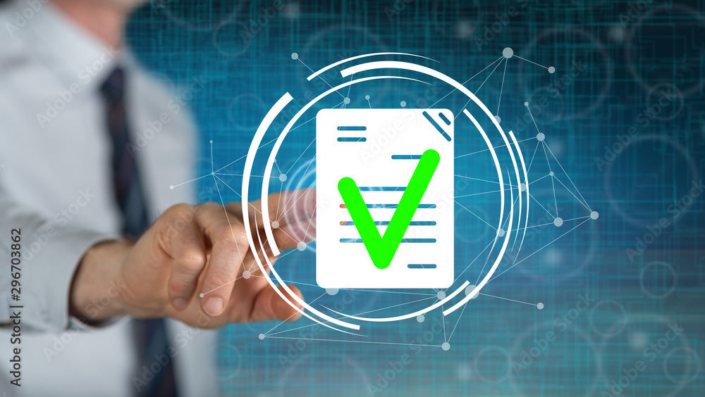 Man touching a document validation concept Man touching a document validation concept