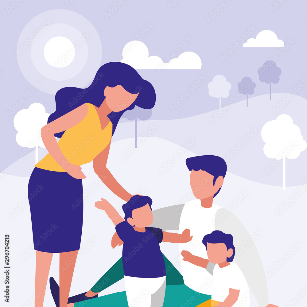couple of parents and children in park in the city, scene of people outdoor couple of parents and children in park in the city, scene of people outdoor