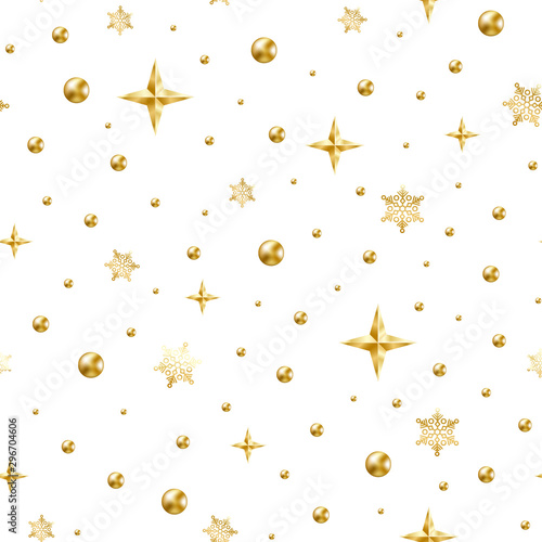Seamless pattern gold bead, star, snowflake white