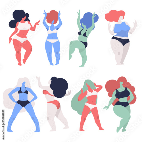 Overweight women in underwear dancing, plus size girls, isolated characters