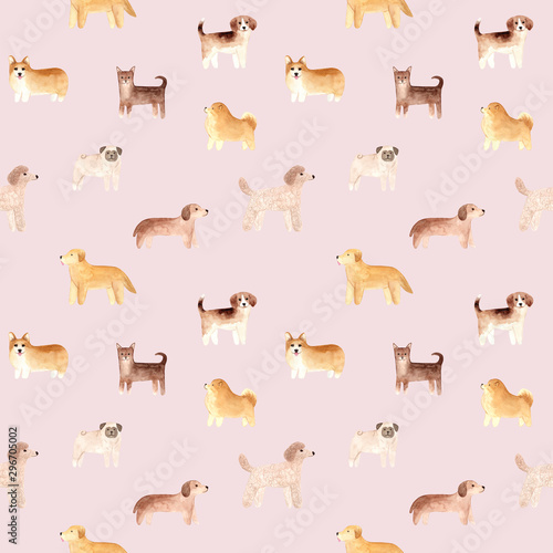 Seamless pattern. Hand drawn watercolor dogs. Painted collection Illustration © Anastasia