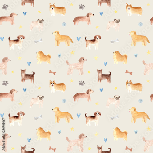 Seamless pattern. Hand drawn watercolor dogs. Painted collection Illustration