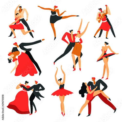 Men and women dancing ballroom and Latin American dances, isolated pairs