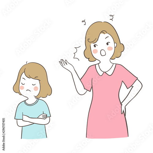 Draw mother shouting to a girl angry and quarrel with mom.