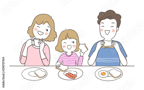 Draw mother father and daughter eating breakfast.