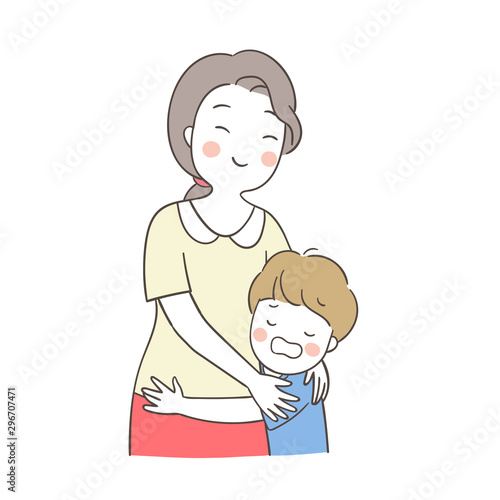 Draw mother hug and comforting a boy crying.
