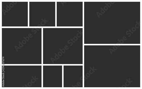 Collage template of ten photos frames parts. Vector poster frame mockup. Ten photos. Board and branding presentation.