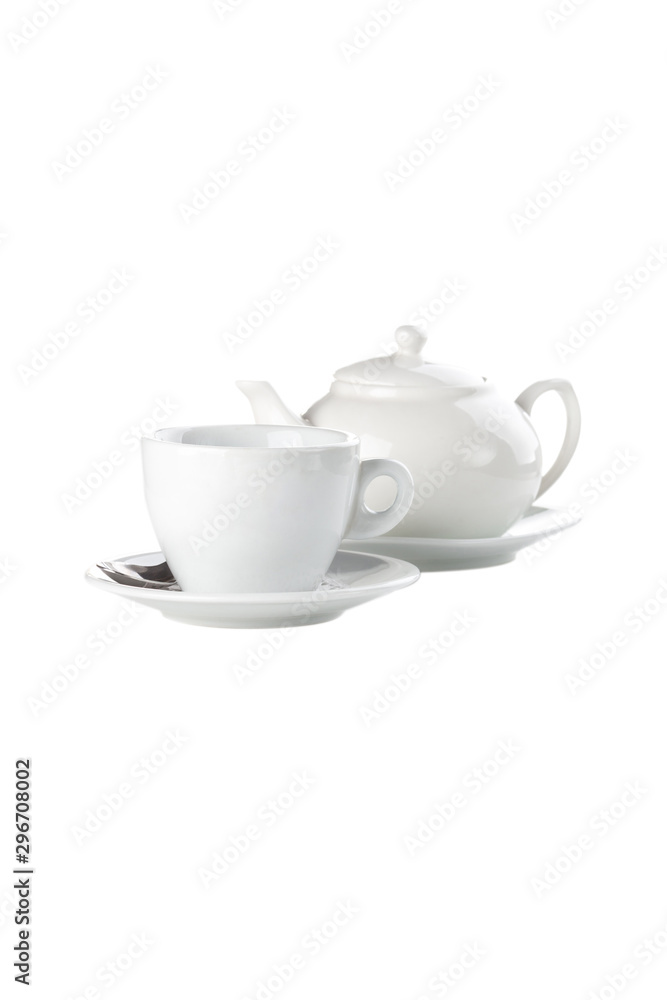 Little white tea cup and a kettle isolated on white background Little white tea cup and a kettle isolated on white background