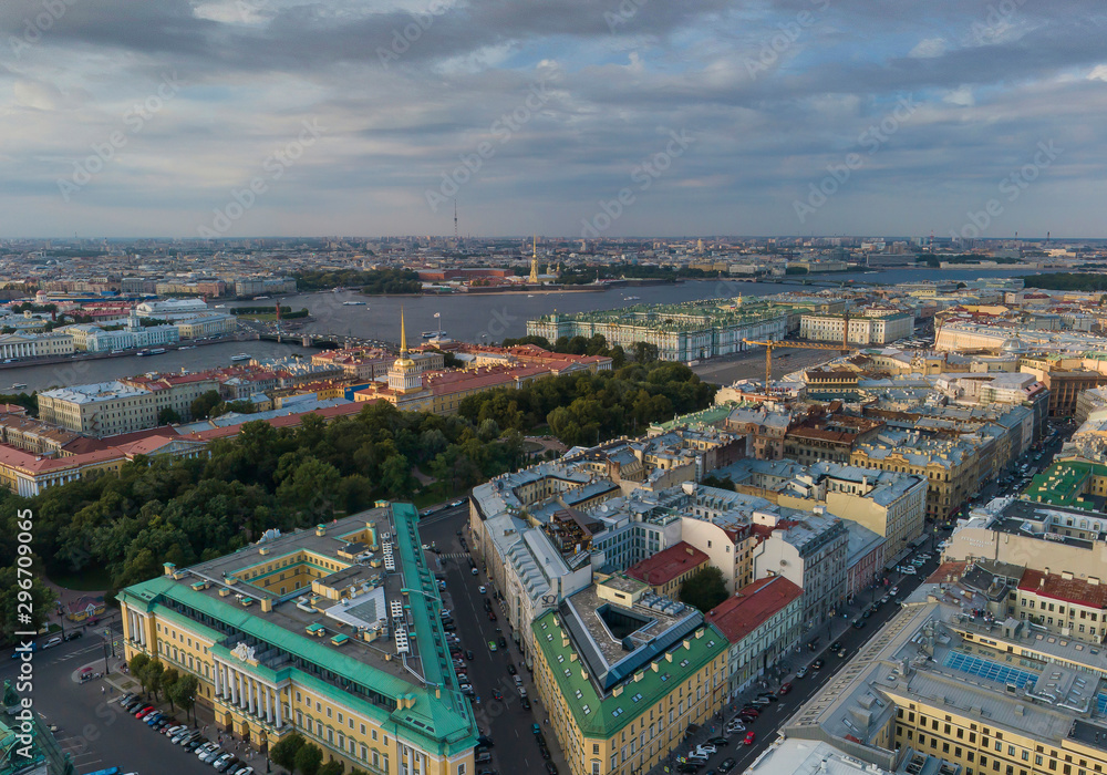 Saint Petersburg. Russia. Near the St. Isaac cathedral, Alexander Garden, the main headquarters of the Russian Navy, State Hermitage, Big Neva river, aerial view. Evening, summer