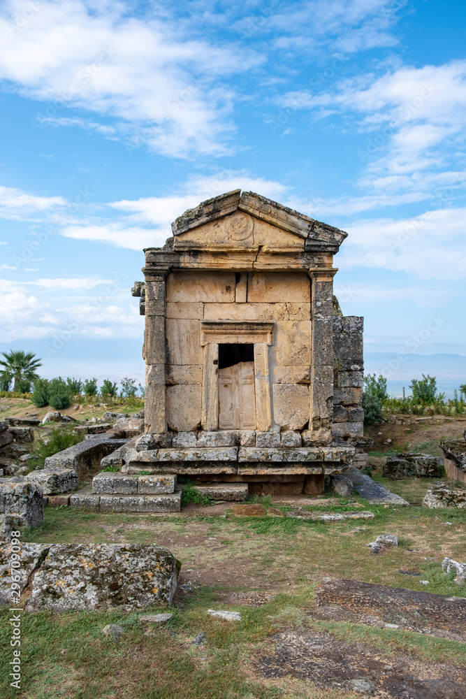 Naklejka premium Ruins of tombs in necropolis, ancient Hierapolis, Pamukkale, Anatolia, Turkey. UNESCO world heritage site
