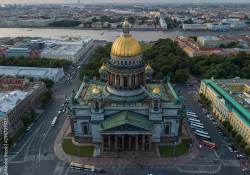 Saint Petersburg. Russia. St. Isaac's Cathedral and Big Neva river, aerial view. Evening