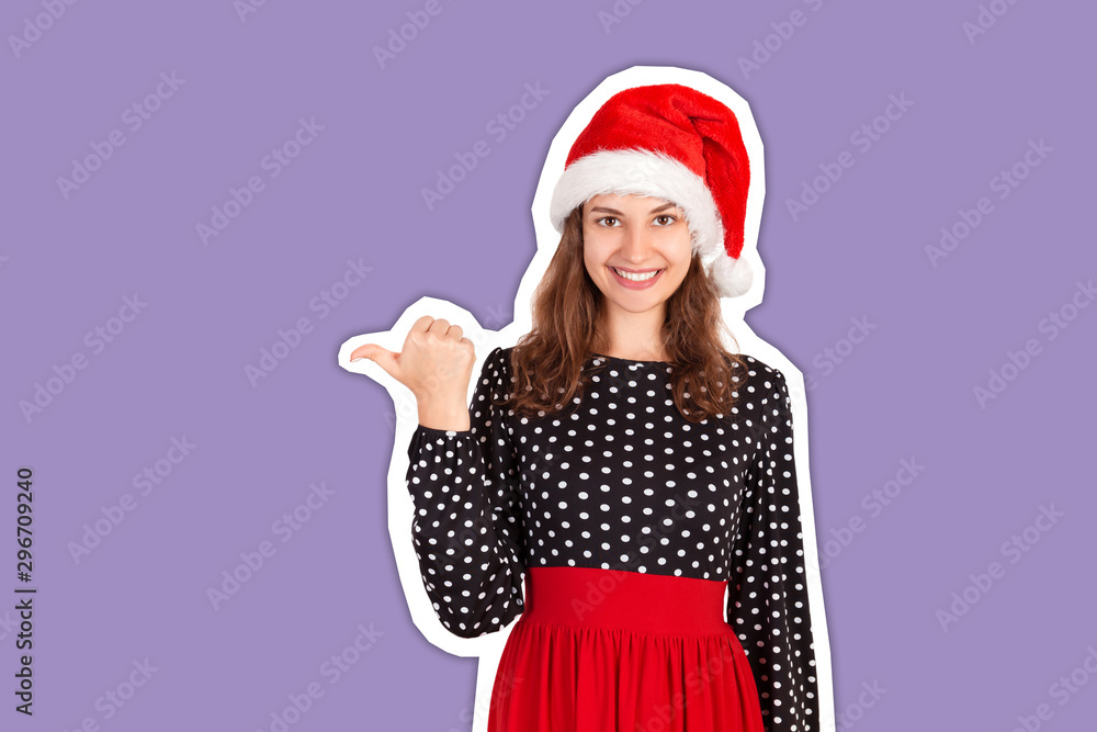 portrait of woman in dress pointing left with thumb and smiling. Magazine collage style with trendy color background. holiday concept portrait of woman in dress pointing left with thumb and smiling. Magazine collage style with trendy color background. holiday concept