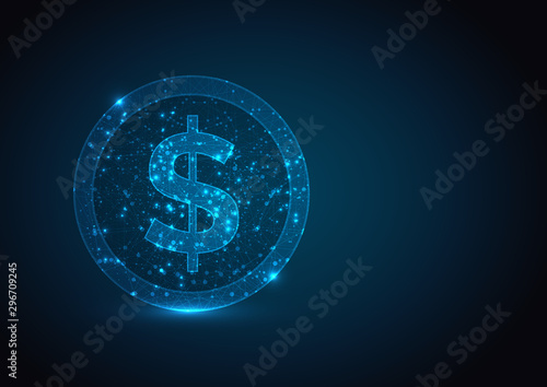 Abstract mash line and point Dollar coin sign. Low poly coin in motion, lines and connected to form, vector illustration.