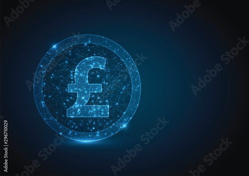 Abstract mash line and point Pound coin sign. Low poly coin in motion, lines and connected to form, vector illustration.