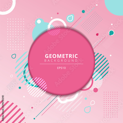 Abstract geometric circles frame with light blue geometry elements on pink background.