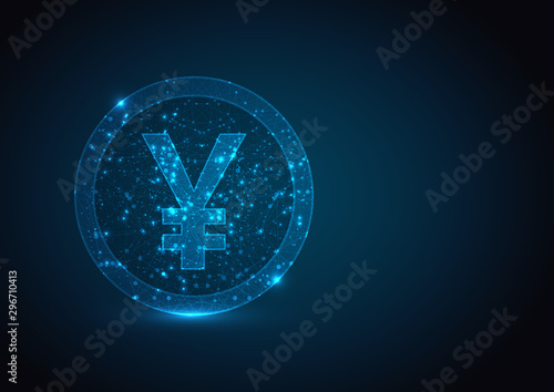 Abstract mash line and point Yen coin sign. Low poly coin in motion, lines and connected to form, vector illustration.