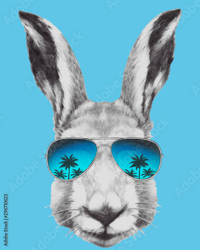 Portrait of  Hare with sunglasses. Hand-drawn illustration of dog. Vector isolated elements.