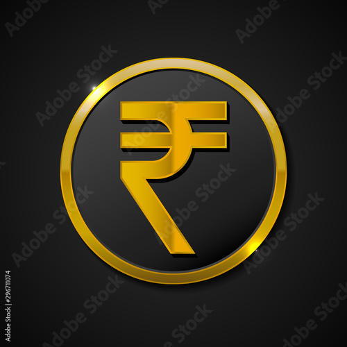 Rupie currency sign circular gold vector web button icon. Vector illustration on black background.