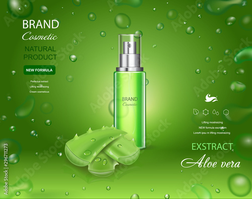 Aloe vera extract, gel, body lotion contained in cosmetic bottle, with aloe vera leaves.