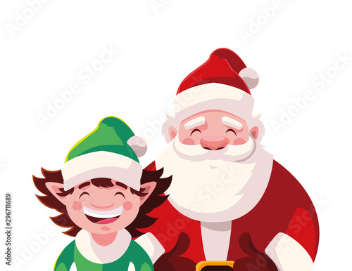 santa claus and elf with hat on white background