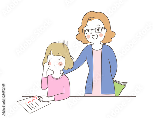 Vector teacher comforting her student A girl so sad.
