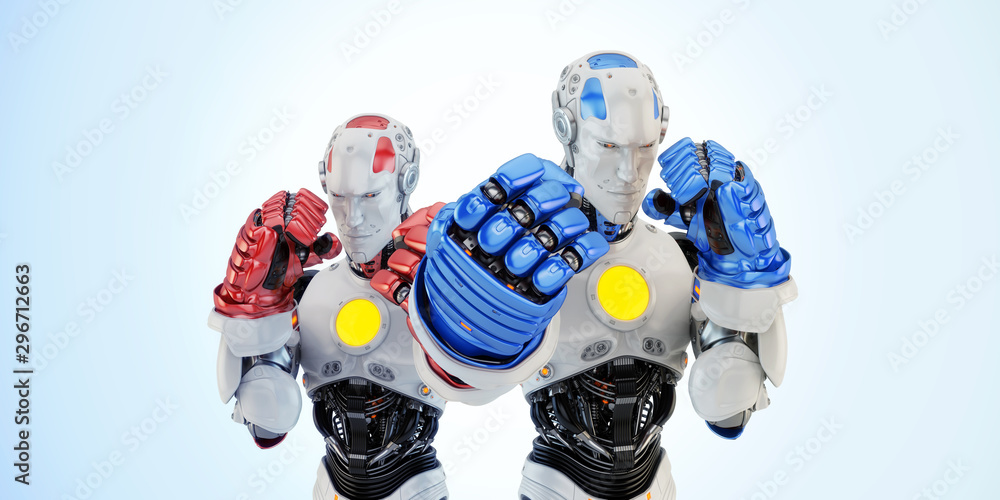 Fototapeta premium Two robotic boxers in rack stand, 3d rendering on light background