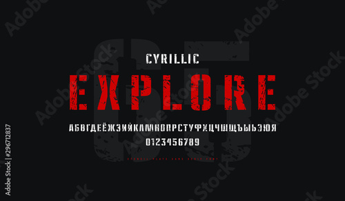 Cyrillic stencil-plate sans serif font in military style