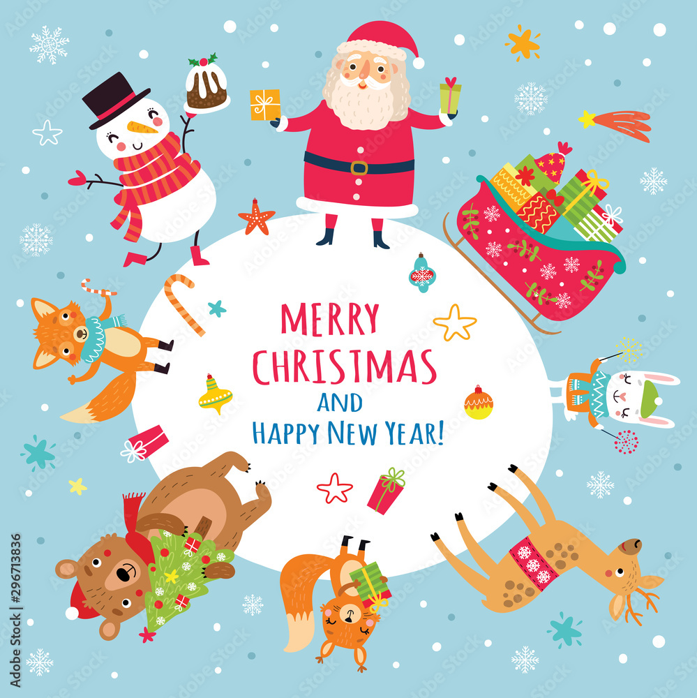 Naklejka premium Christmas holiday card with Santa and cute animals.