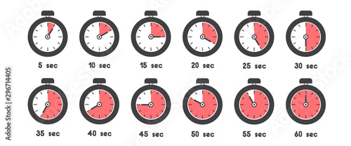 Stopwatch icon set with different time. Sport clock with red colored time meaning