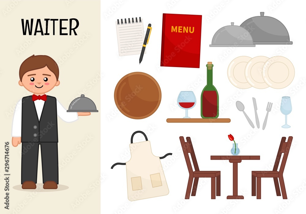 Vector character waiter. Illustrations of waiter equipment. Set of cartoon  professions. Stock Vector | Adobe Stock